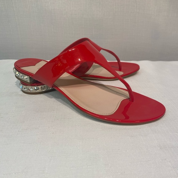 Miu Miu Thong Sandals Red Patent Leather  Metal & Rhinestone Low Heel 8.5B Italy - Picture 2 of 15